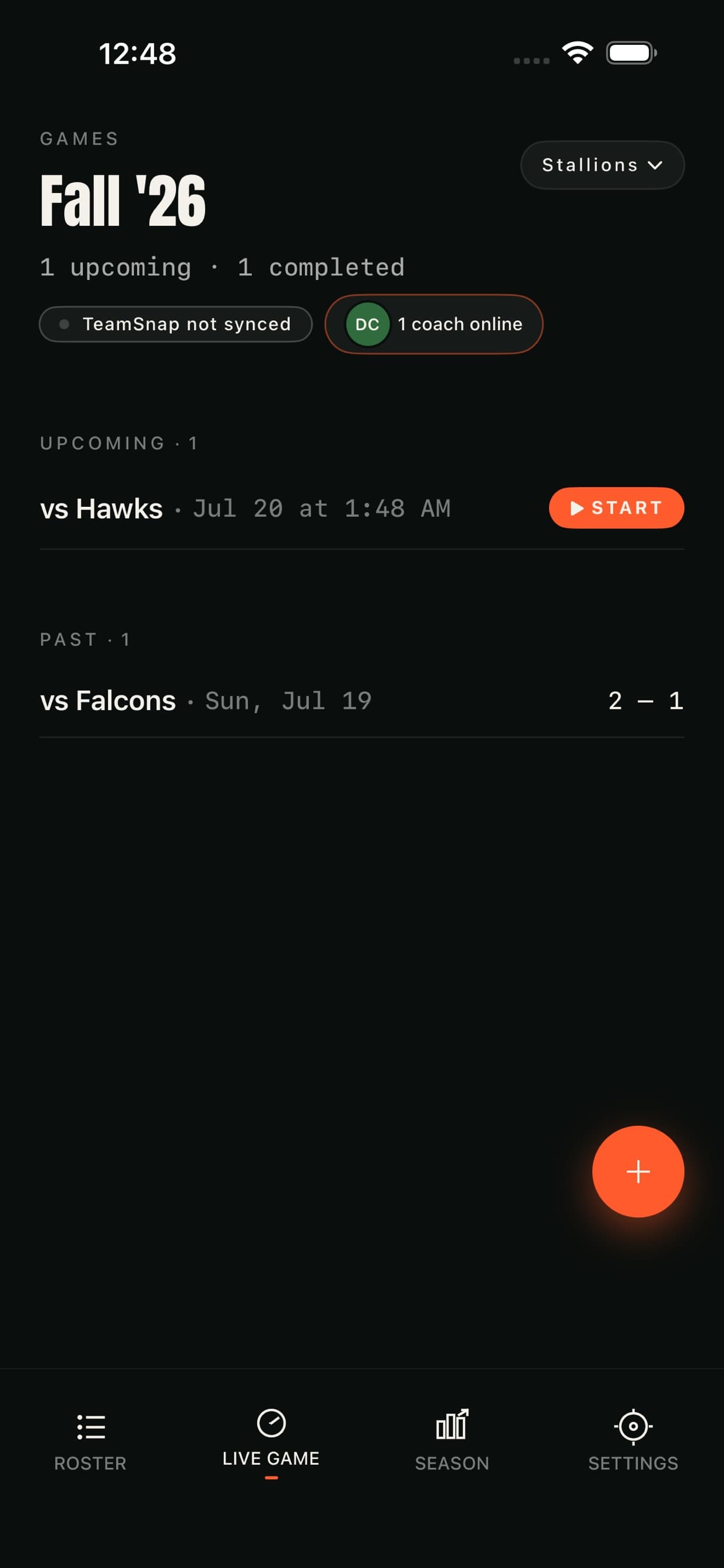 Head coach's phone: the Live Game tab showing one coach online